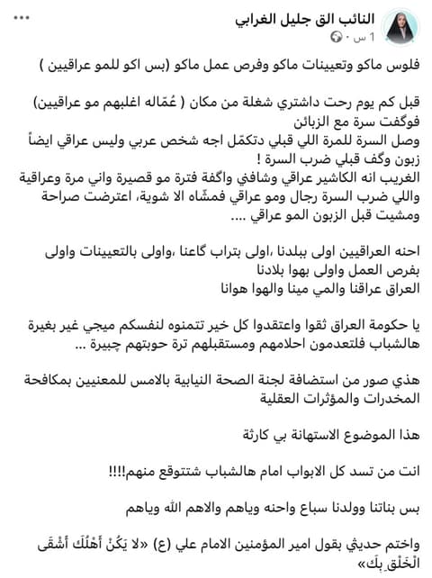 "فلوس وتعيينات ماكو والعمالة للأجانب!".. النائبة الق الغرابي تحذر من انحراف الشباب نحو المخدرات