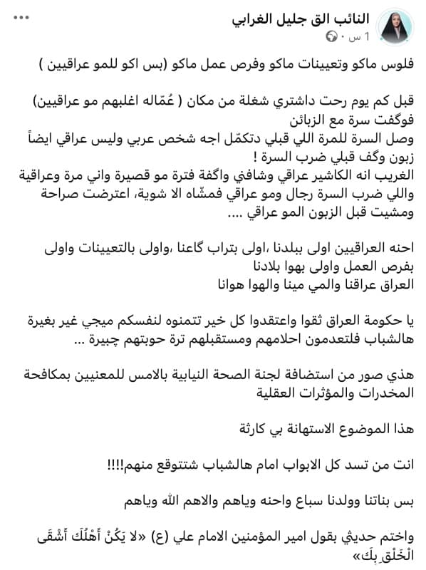 "فلوس وتعيينات ماكو والعمالة للأجانب!".. النائبة الق الغرابي تحذر من انحراف الشباب نحو المخدرات