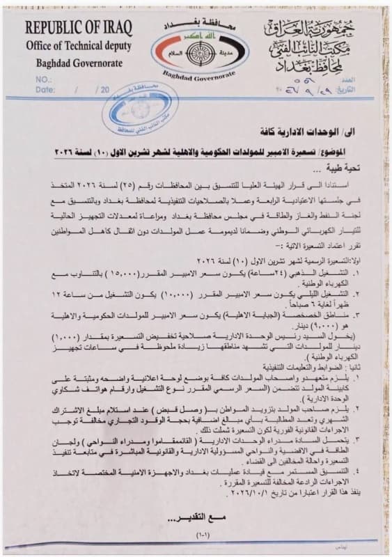 مجلس بغداد يحدد تسعيرة أمبير المولدات لشهر تشرين الأول