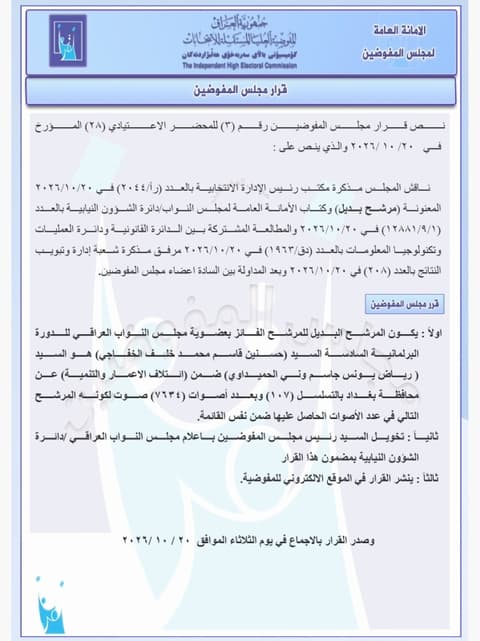 المفوضية تعلن استبدال حسنين الخفاجي برياض الحميداوي في مجلس النواب