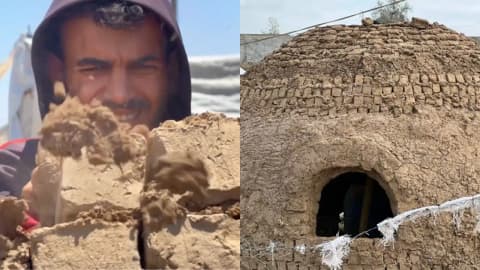 After two years living in a tent, Gaza potter built a clay dome home for his parents using earth and rubble
