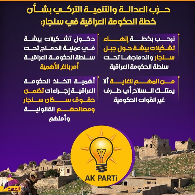 حزب العدالة والتنمية التركي: نرحب بخطة إنهاء تشكيلات بيشة حول جبل سنجار واندماجها تحت سلطة الحكومة العراقية