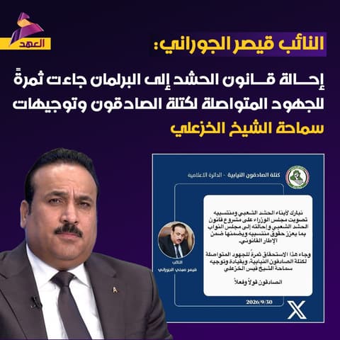 النائب قيصر الجوراني: إحالة قانون الحشد إلى البرلمان جاءت ثمرةً للجهود المتواصلة لكتلة الصادقون وتوجيهات سماحة الشيخ الخزعلي