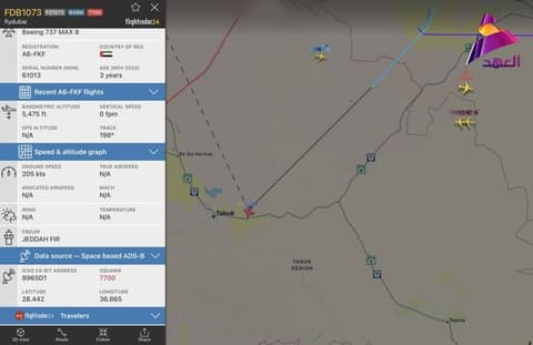 الطائرة الإماراتية تخرج عن نطاق تتبع الرحلات الجوية قرب تبوك بالسعودية على ارتفاع 5000 قدم