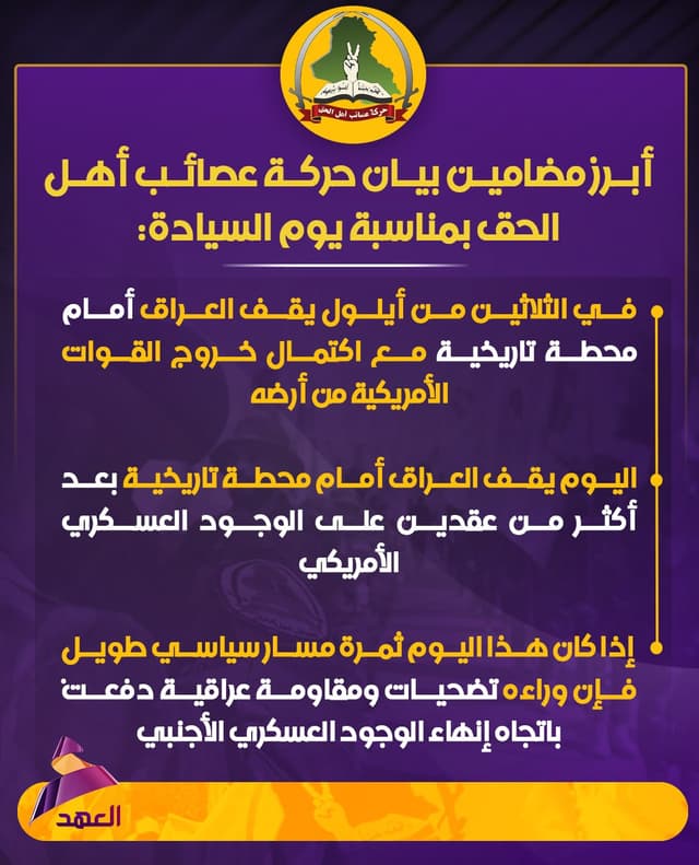 يوم السيادة.. حركة عصائب أهل الحق: العراق يقف أمام محطة تاريخية مع اكتمال خروج القوات الأمريكية من أرضه