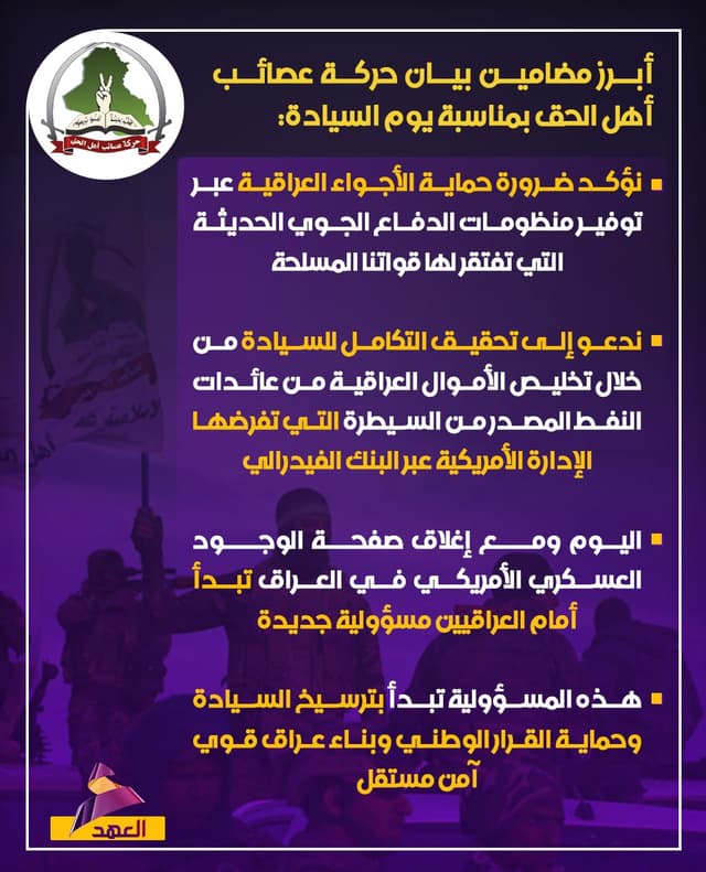 حركة عصائب أهل الحق: نؤكد ضرورة حماية الأجواء العراقية عبر توفير منظومات الدفاع الجوي الحديثة التي تفتقر لها قواتنا المسلحة