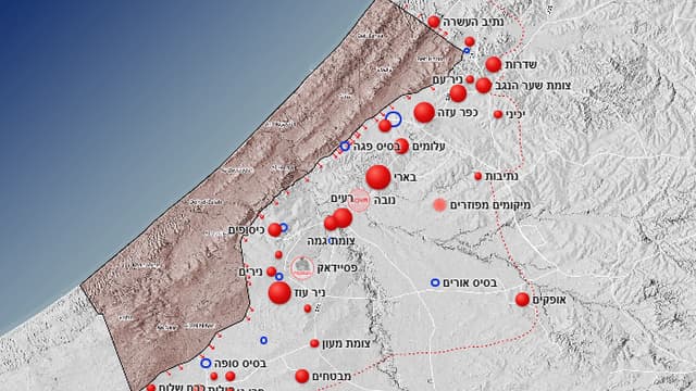 פלישה ל-28 יישובים ו-11 בסיסים, 1,203 חללים, 251 חטופים | מפת 7 באוקטובר